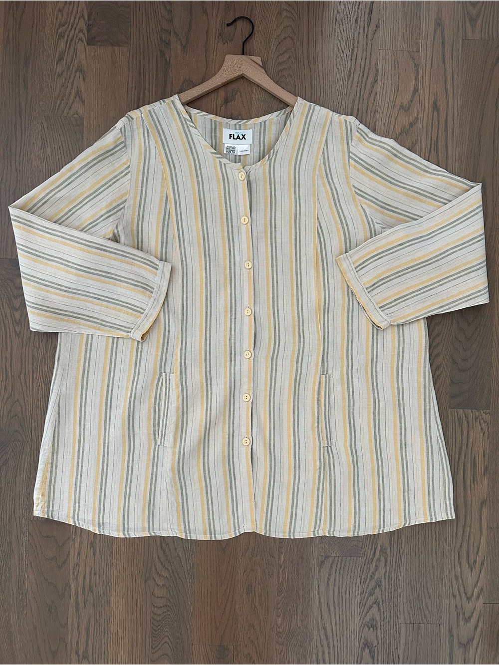 Vintage Flax Button Front Linen Tunic Blouse Cream, Pale Green, Yellow 3XL